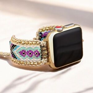 Handwoven Boho Apple Watch Band with Gold Beading – Adjustable Bracelet Strap